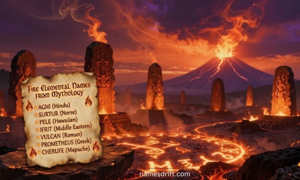 Fire Elemental Names from mythology surrounded by ancient flames