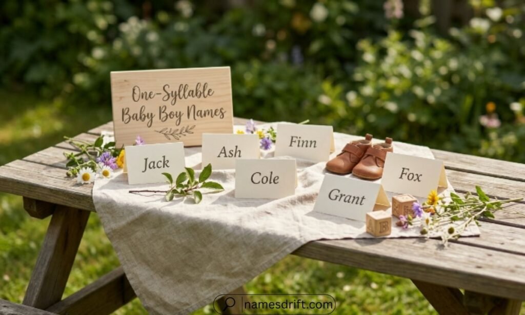 One-syllable baby boy names on handwritten cards in a natural outdoor setting