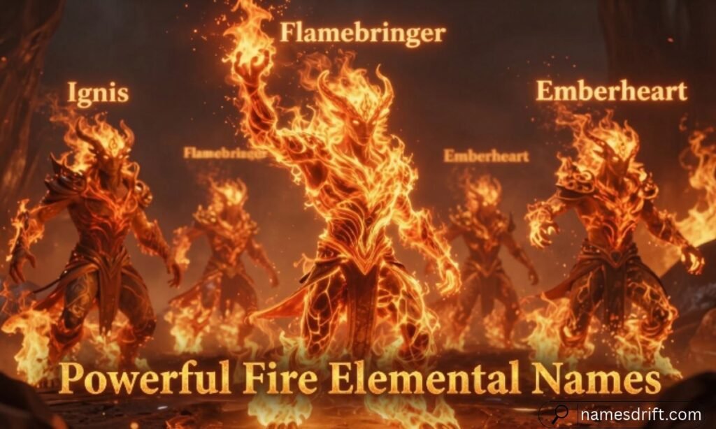 Powerful Fire Elemental Names with intense flames and glowing energy