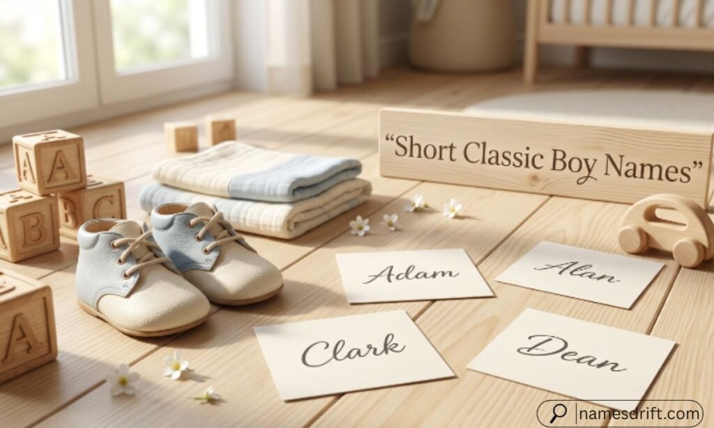 Short classic boy names displayed with baby shoes and wooden alphabet blocks
