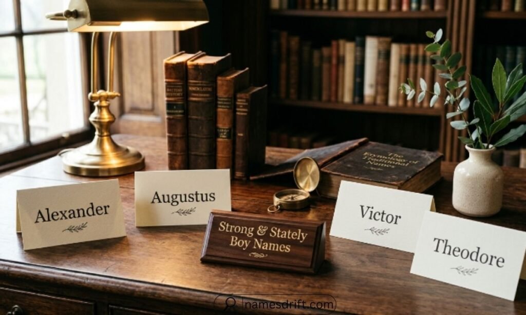 Strong traditional boy names displayed on elegant cards in a classic study setting