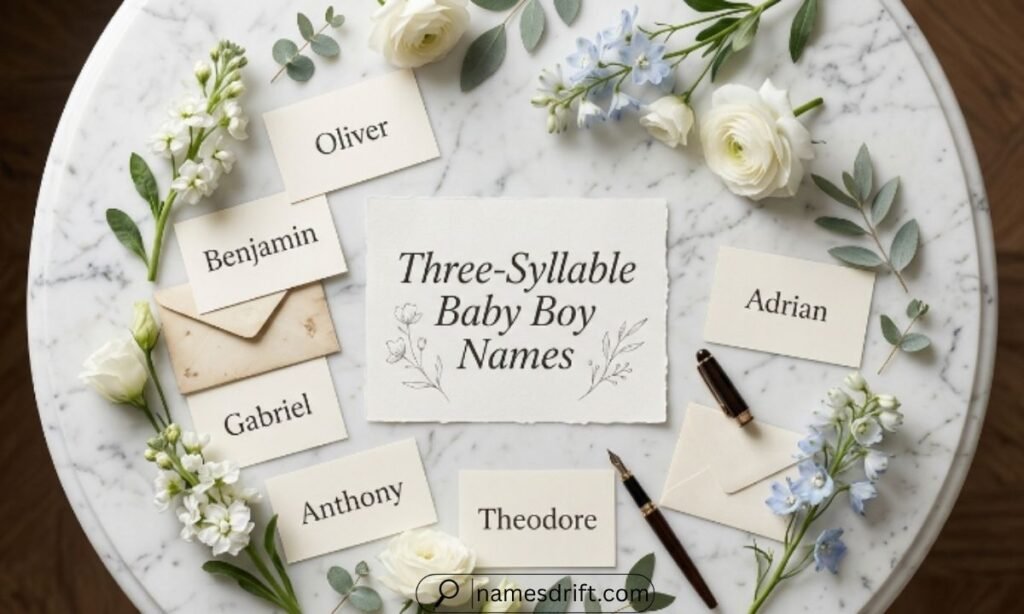 Three-syllable short baby boy names displayed on elegant cards with floral decor