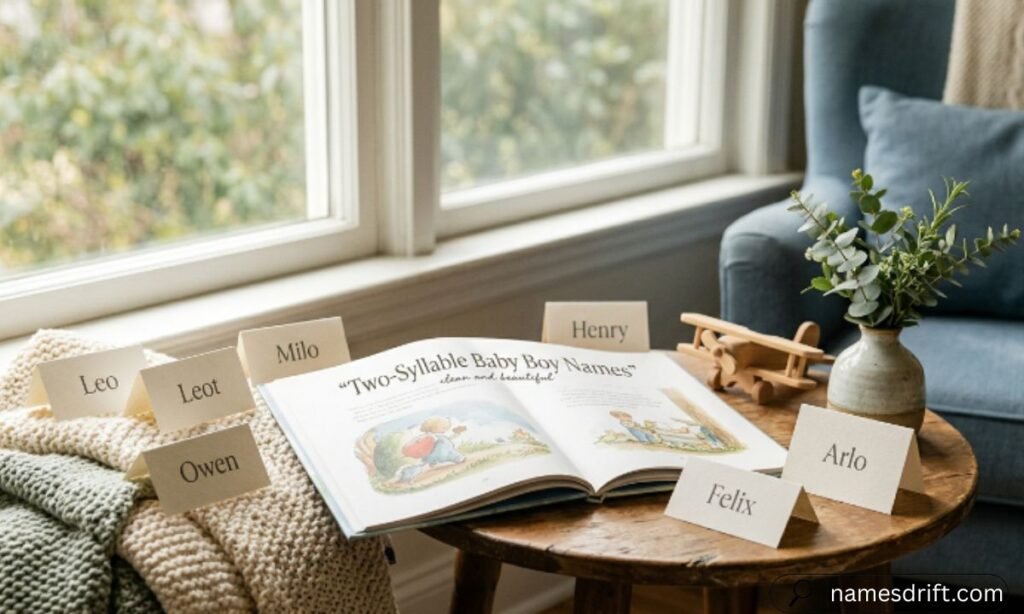 Two-syllable baby boy names displayed on elegant cards beside a baby book