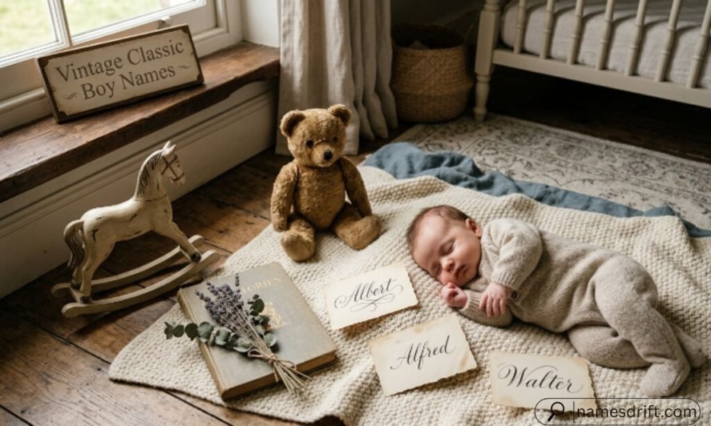 Vintage boy names displayed on classic cards beside a baby and teddy bear